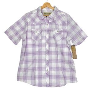 Bit & Bridle Pearl Snap Short Sleeve Top Purple and White Size XL NWT Western